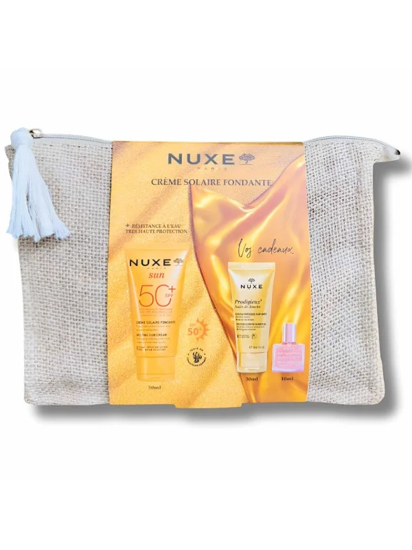 NUXE - TROUSSE CREME FONDANTE SPF50 + PRODIGIEUX HUILE DE DOUCHE 30ML ET HUILE PAILLETEE OR FLORALE 10ML OFFERTS
